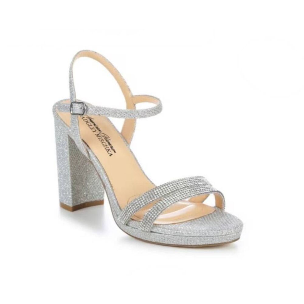 Badgley Mischka Irina Silver Rhinestone Block Heels Size 6.5 Wedding Formal Prom